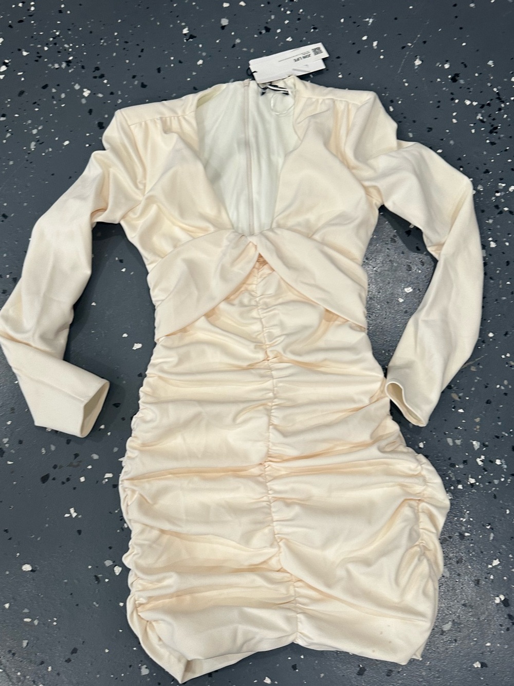 Zara Cream Long-Sleeve Twist Front Ruched Mini Dress